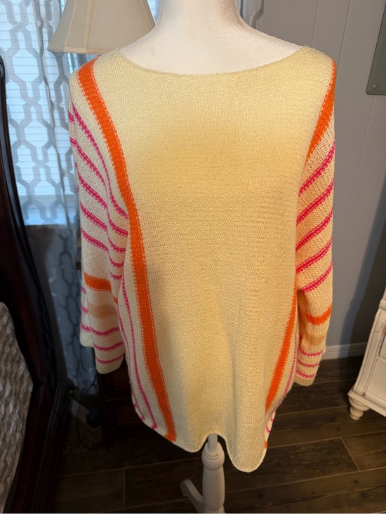 No brand Sweaters - Light Cream Boatneck Sweater with Pink and Orange Stripe Accents